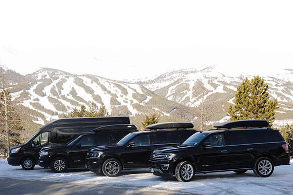 Snowy Mountain, black limousines, black vans, and black SUVs.