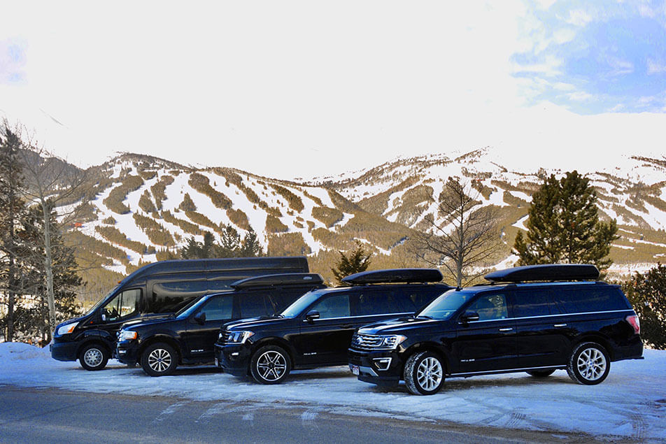 Snowy Mountain, black limousines, black vans, and black SUVs.