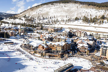 Aerial photo of winter recreation and sports at Copper Mountain in Colorado.