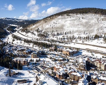 Aerial photo of winter recreation and sports at Copper Mountain in Colorado.